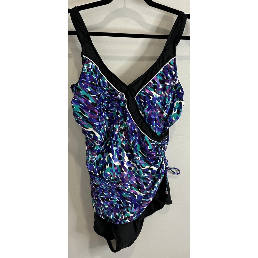 Elisabeth Stewart One Piece Swimsuit Black Blue Green Purple Print Side Tie 18